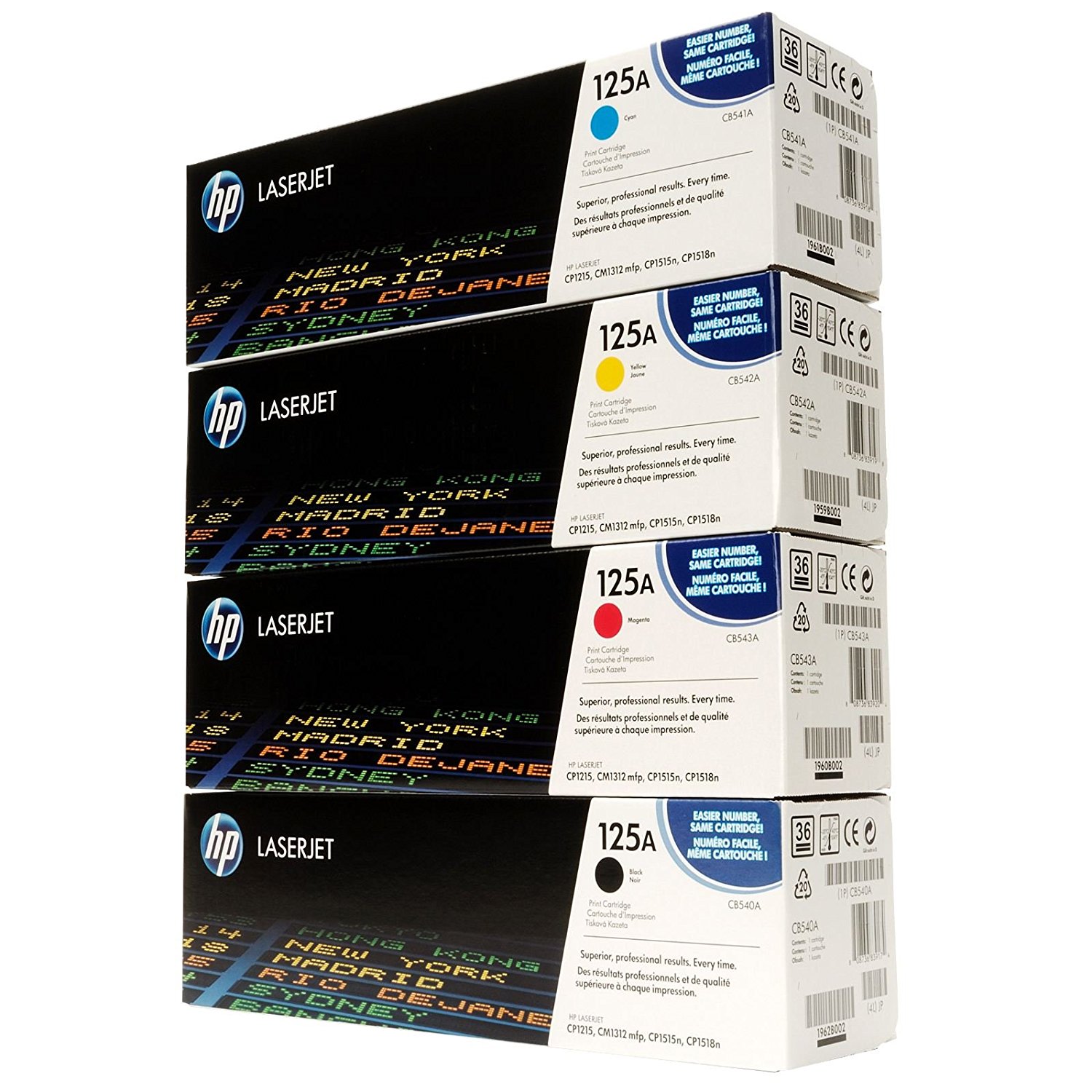 HP 125A 4PK Black, Cyan, Magenta, Yellow Toner Cartridges(CB540A,CB541A ...